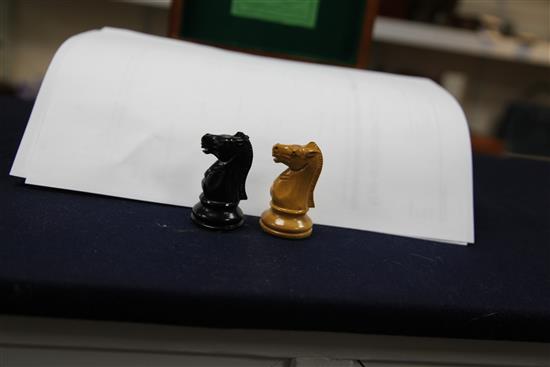 A Jaques & Son Staunton pattern ebony and boxwood library chess set, kings 3.5in.